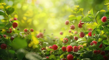 Ripe red raspberries growing in a lush field, perfect for food or agriculture concepts