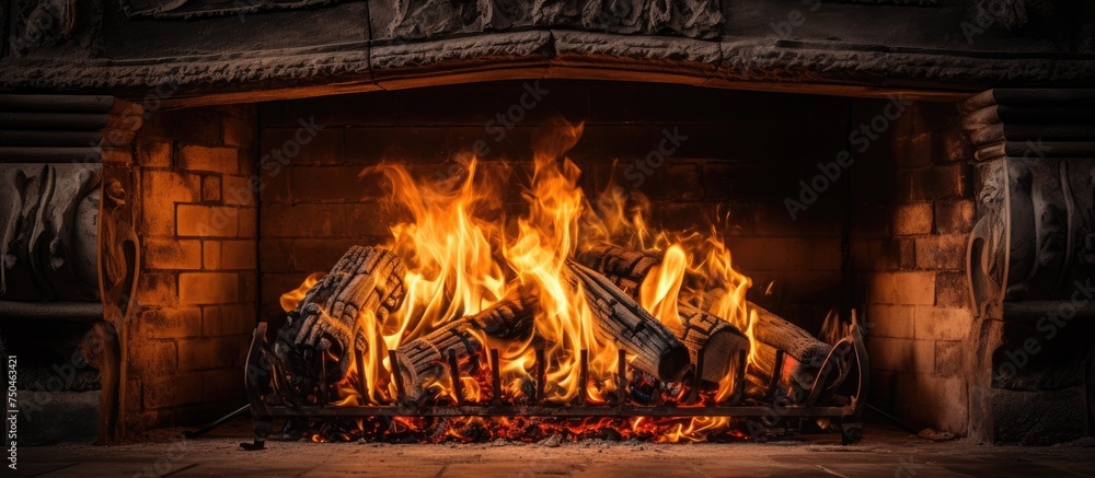 Poster warmth and comfort: intimate view of a roaring fire in a cozy brick fireplace