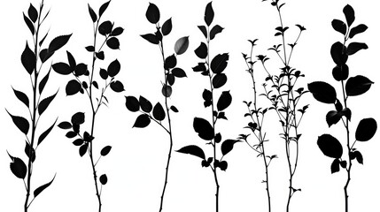 Black and white silhouettes of various plants, suitable for botanical designs
