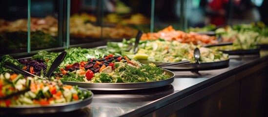Obraz premium Fresh and Colorful Salad Variety Displayed at a Restaurant Buffet
