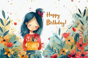 adorable watercolor style, A girl holding a birthday card theme birthday party for kids vector, with text 