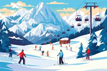 People enjoying skiing and snowboarding in mountain ski resort with beautiful winter landscape in the background  - obrazy, fototapety, plakaty