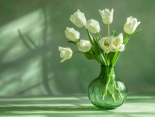 white tulips in green glass vase on green background, 