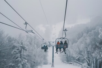 Fototapeta na wymiar People on ski lift in winter ski resort 