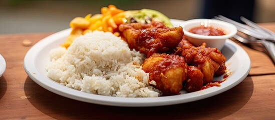 Savory Rice and Fried Delights with Flavorful Sauce on Eco-Friendly Plate