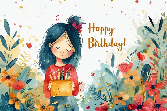 adorable watercolor style, A girl holding a birthday card theme birthday party for kids vector, with text "Happy Birthday!" in gold colour,birthday banner