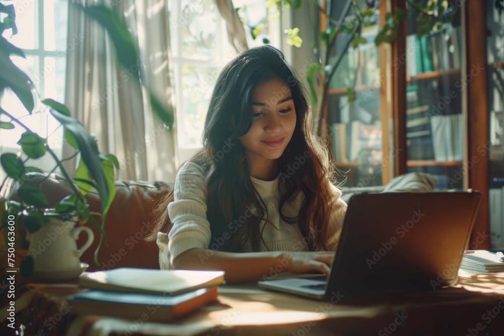 Poster a woman sitting in front of a laptop computer. suitable for business and technology concepts