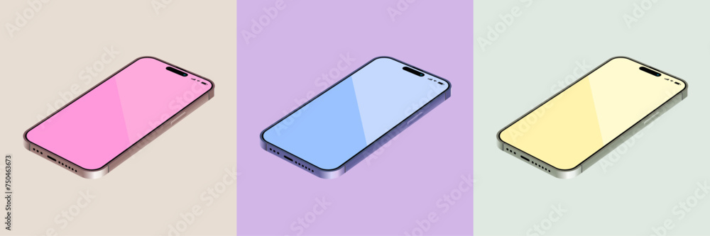 Poster realistic smartphone mockup templates uiux mockups designed for presentations. pink, blue and yellow