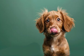 Portrait cute puppy dog licking its lips looking at camera. Isolated on green background 