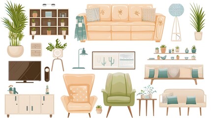 A set of furniture and decor elements. Collection of interior items for a cozy isolated interior.