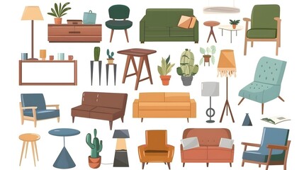 Fototapeta premium A set of furniture and decor elements. Collection of interior items for a cozy isolated interior.