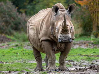 Fototapeta premium A lone rhinoceros standing peacefully on the grass.