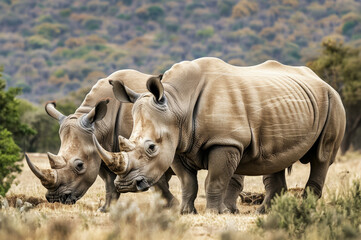 Naklejka premium Two rhinos standing side by side in the savannah, a sight of companionship in the wild.