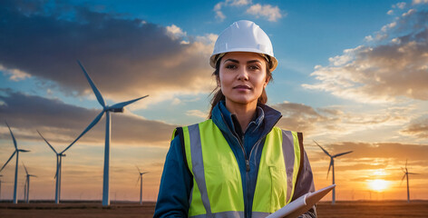 Engineers work outdoors and inspect large wind turbines for quality. sunset evening background
