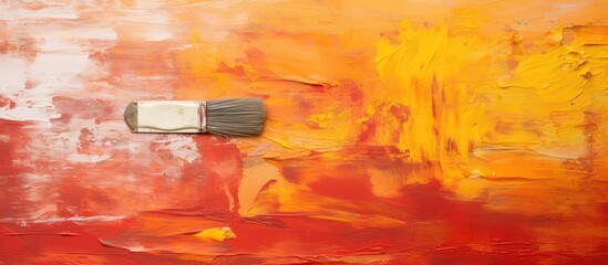 Vibrant Brushstroke: Mixing Red Oil Paint with Yellow on Wooden Palette - 750463899