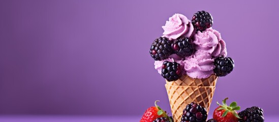 Delicious Ice Cream Cone Overflowing with Fresh Berries and Strawberries on Vibrant Purple Background