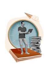Banner poster collage of smart man professor prepare for exam test on university college courses...