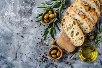 Slices of fresh ciabatta, green and brown olives, olive oil with rosemary, olive tree branches on gray concrete stone rustic background overhead - Powered by Adobe