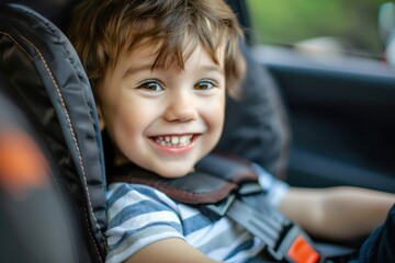 Smiling child strapped in a car seat