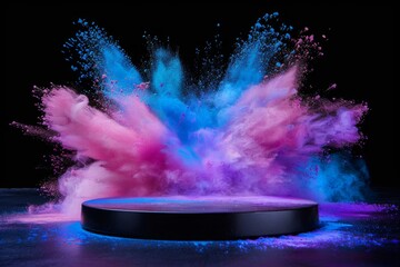 black Podium stand studio stage 3d ,background 3d for product or cosmetics presentation. Colored powder explosion, pink, blue, purple colors paint powder splash around podium on black background 