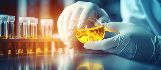 Analyzing Yellow Substance: Scientist Inspecting Chemical Reaction in Laboratory