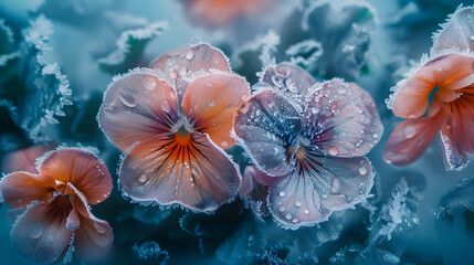 Fototapeta na wymiar Pink flowers in ice in the morning light. High quality