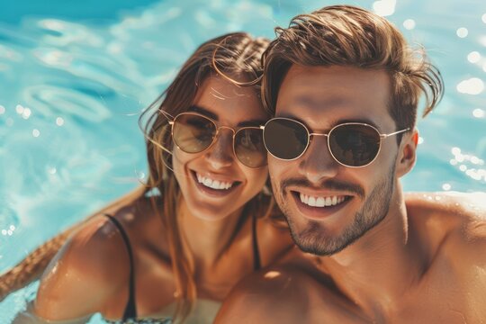 smiling happy couple having fun together in resort swimming pool. summer vacation, getaway travel. banner with copy space 