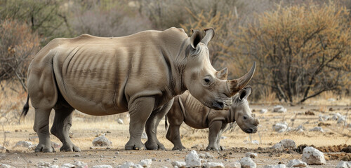 Fototapeta premium A rhinoceros mother and calf in the savannah, an intimate moment of wild family life.