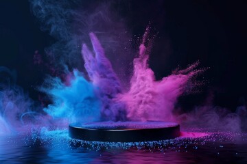 black Podium stand studio stage 3d ,background 3d for product or cosmetics presentation. Colored powder explosion, pink, blue, purple colors paint powder splash around podium on black background - obrazy, fototapety, plakaty