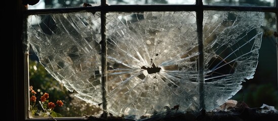 Shattered Residential Window with Broken Glass in Suburban House
