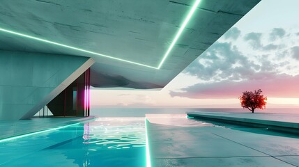 Abstract architectural concrete interior of a modern villa on the sea with swimming pool and neon lighting. 3D illustration and rendering
