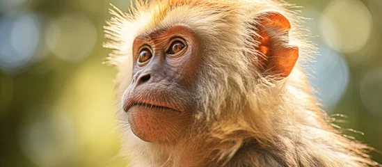 Fotobehang Regal Barbary Macaque Monkey with Luxurious Mane Gazing Up in the Monkey Sanctuary © HN Works