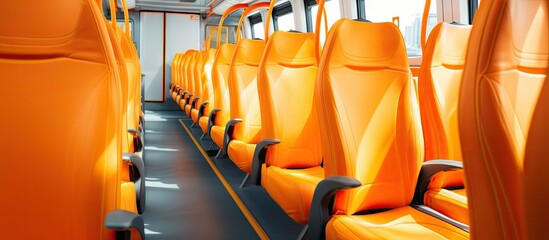 Vivid Orange Bus Seats Lined Up in Perspective View Illustrating Comfort and Travel - 750464461