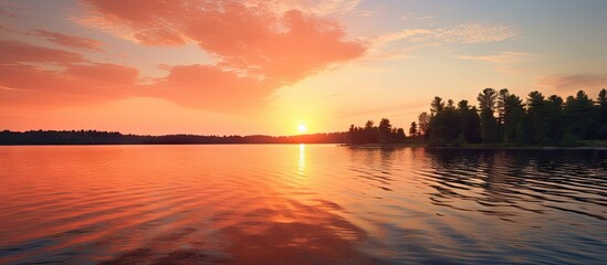 Tranquil Sunset Scenery: Serene Lake with a Reflective Boat Bathed in Warm Sunlight - obrazy, fototapety, plakaty