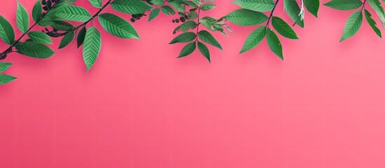 Vibrant Green Leaves on Pink Background: Fresh Rowan Tree Foliage in Pop Art Style Template