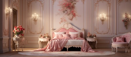 Elegant Pink Bed Frame in a Romantic Bedroom Setting with Classic Rose Wall Paint - obrazy, fototapety, plakaty