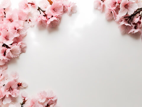 flat lay photo of sakura flowers (cherry blossoms) forming a frame on flat soft and glowing white background with copy space in the middle	