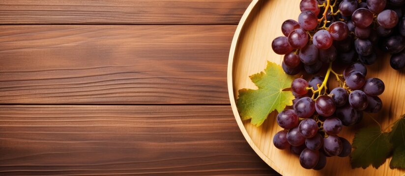 Rustic Charm: Bunch of Grapes Arranged on an Elegant Wooden Plate Showcase Nature's Bounty