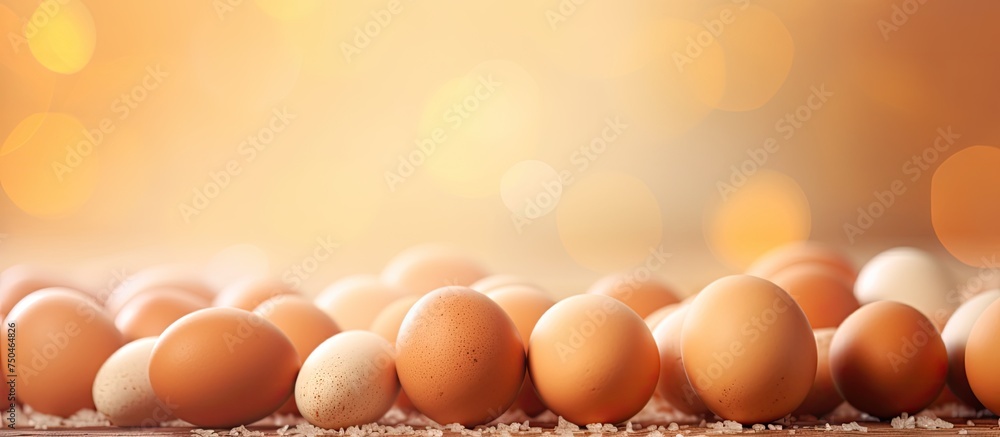Poster fresh organic eggs on a rustic wooden table with artistic bokeh background