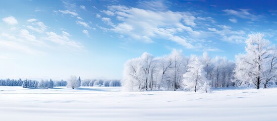 Majestic Winter Wonderland: Sunny Snowscape with Frosty Trees in Blue Sky