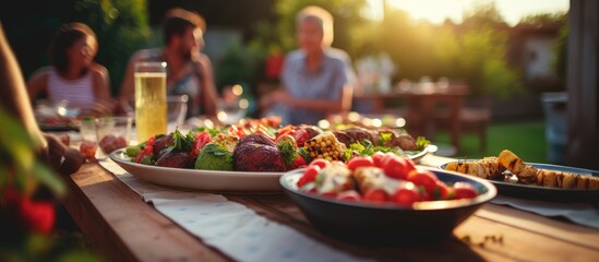Summer Garden Feast: Diverse Group Enjoys Grill Meal and Wine at Outdoor Picnic Table - obrazy, fototapety, plakaty