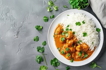 Traditional Indian dish chicken curry with basmati rice and fresh cilantro on rustic white plate on gray concrete table background from above. Indian dinner meal 