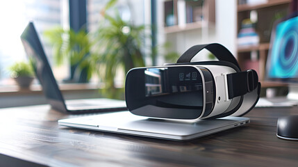 VR headset with earphone and laptop on sofa in living room background, innovation technology concept,Close-Up Of Virtual Reality Glasses On Wooden Table,
