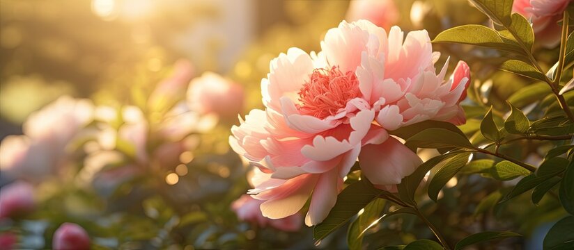 Ethereal Beauty of a Peony Flower Blossom Under the Radiant Glow of the Setting Sun