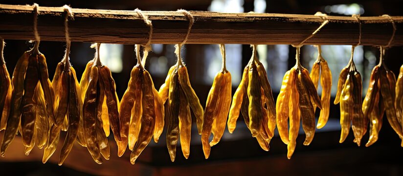 Traditional sun-drying of vanilla pods on wooden poles in a rustic setting