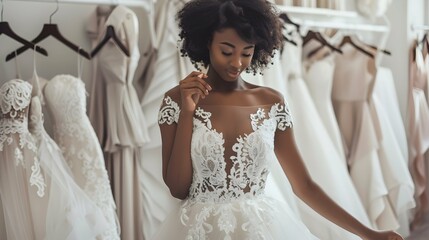 African American bride is trying on an elegant wedding dress in modern wedding salon - obrazy, fototapety, plakaty