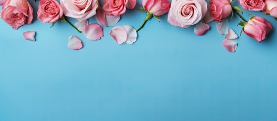 Elegant Pink Roses and Petals Adorning a Serene Blue Background