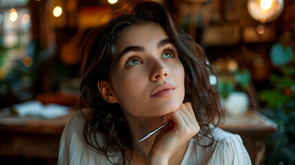 Thoughtful Young Woman Pondering with Pen, Inspiration Moment Captured - obrazy, fototapety, plakaty