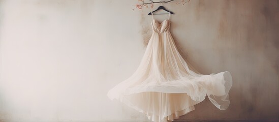 Elegant Lace Wedding Gown Suspended on a Wall in a Bridal Boutique Showcase