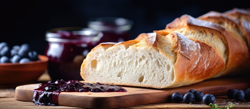 Rustic Homemade French Baguette Loaf with Blueberry Jam Spread on Wooden Bread Board